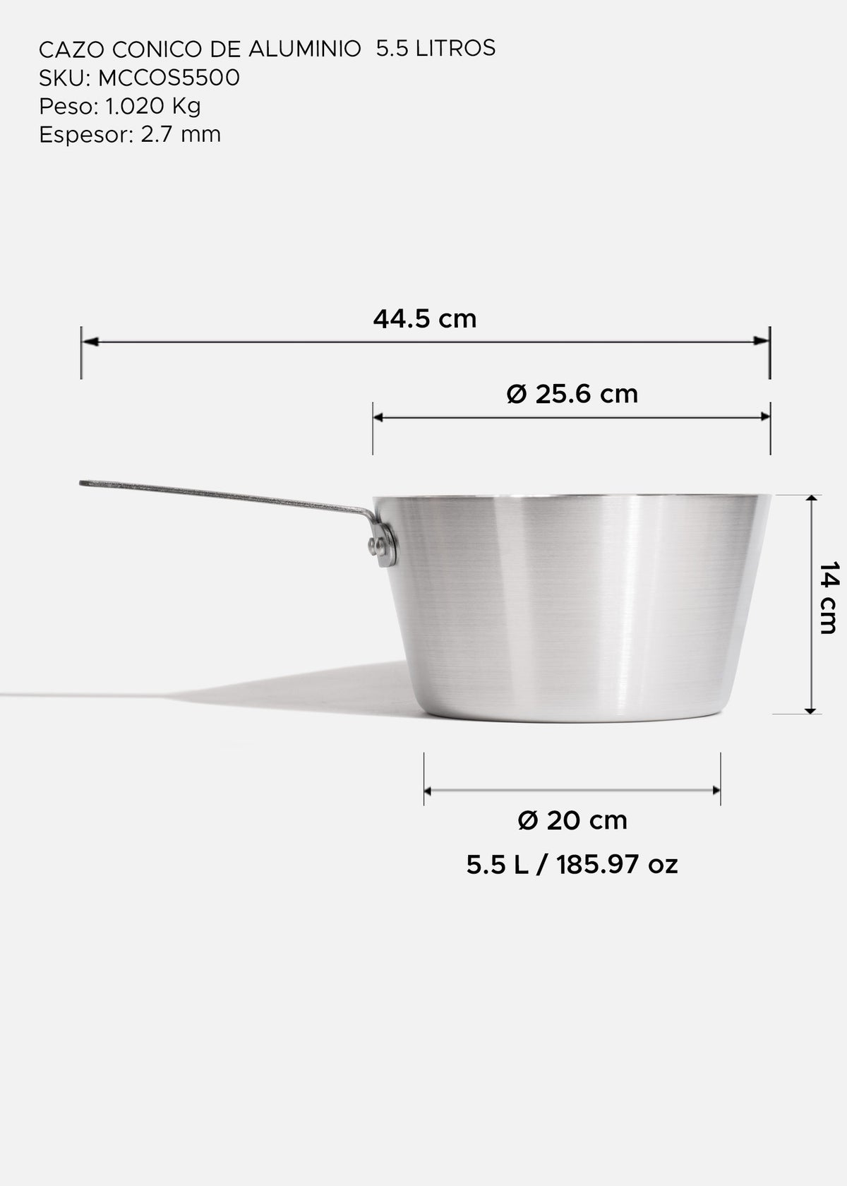 Cazo cónico de aluminio plata profesional uso rudo para restaurante Ø 25.6 cm, 5.5 L / 185.97 oz — imagen de producto