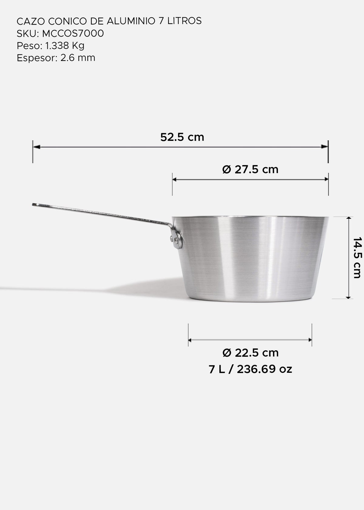 Cazo cónico de aluminio plata profesional uso rudo para restaurante 7 L — imagen de producto