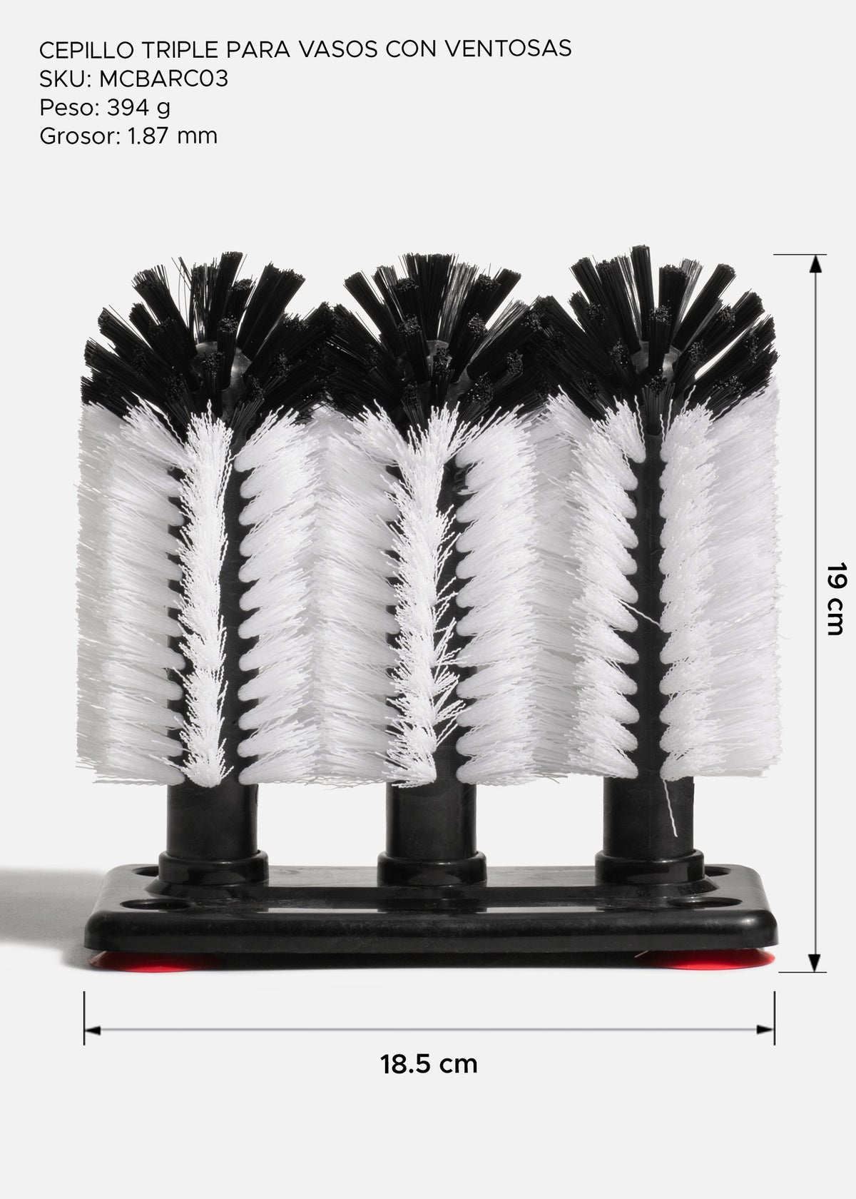 Cepillo triple de plástico negro con blanco para vasos con ventosas para restaurante y bar — imagen de producto
