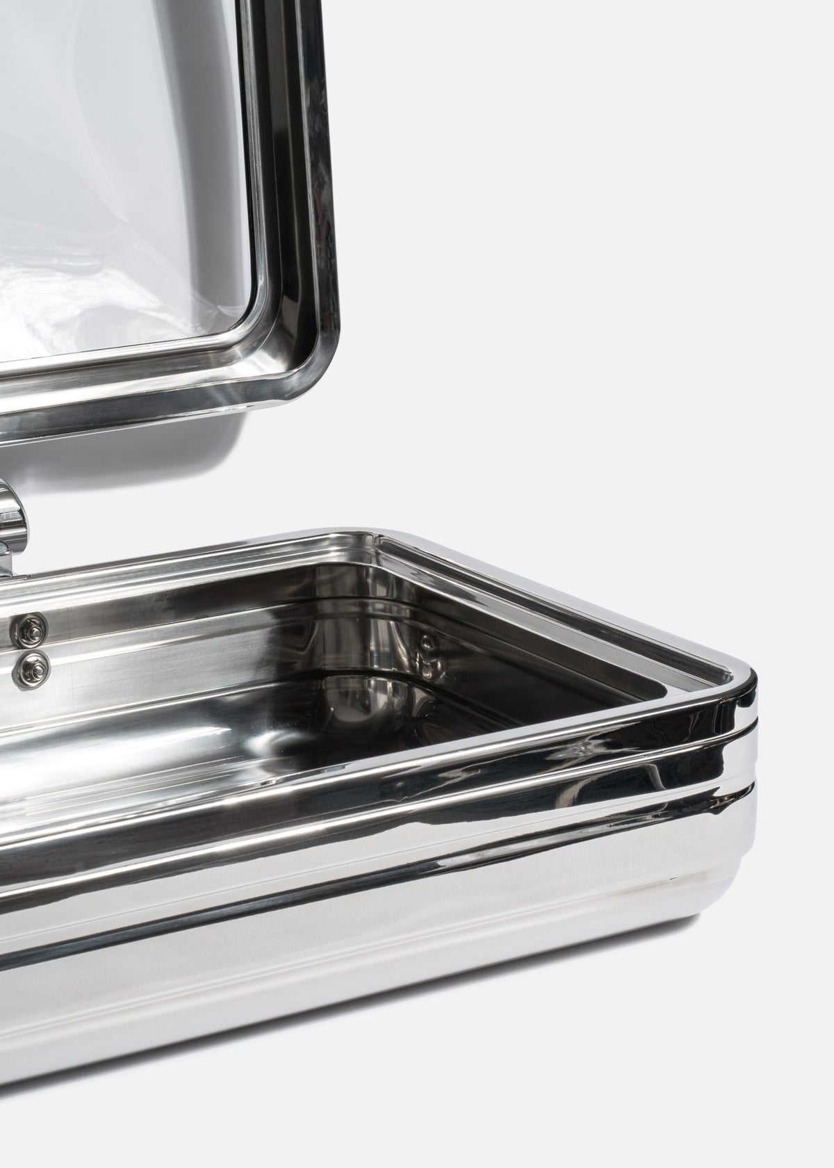 Chafer de inducción acero inoxidable con tapa de cierre lento y vidrio de acero inoxidable plata rectangular Glanz NSF 9 L — imagen de producto