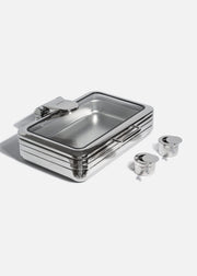 Chafer de inducción acero inoxidable con tapa de cierre lento y vidrio de acero inoxidable plata rectangular Glanz NSF 9 L — imagen de producto