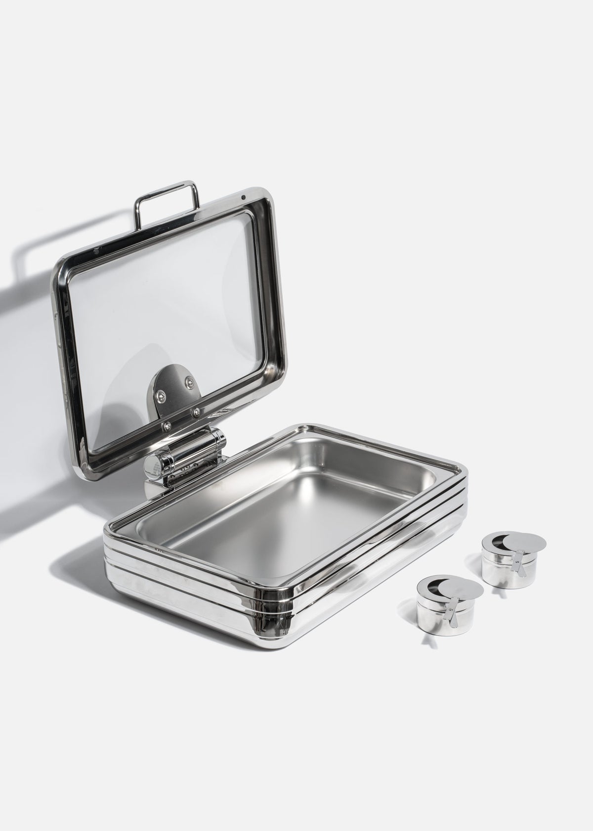 Chafer de inducción acero inoxidable con tapa de cierre lento y vidrio de acero inoxidable plata rectangular Glanz NSF 9 L — imagen de producto
