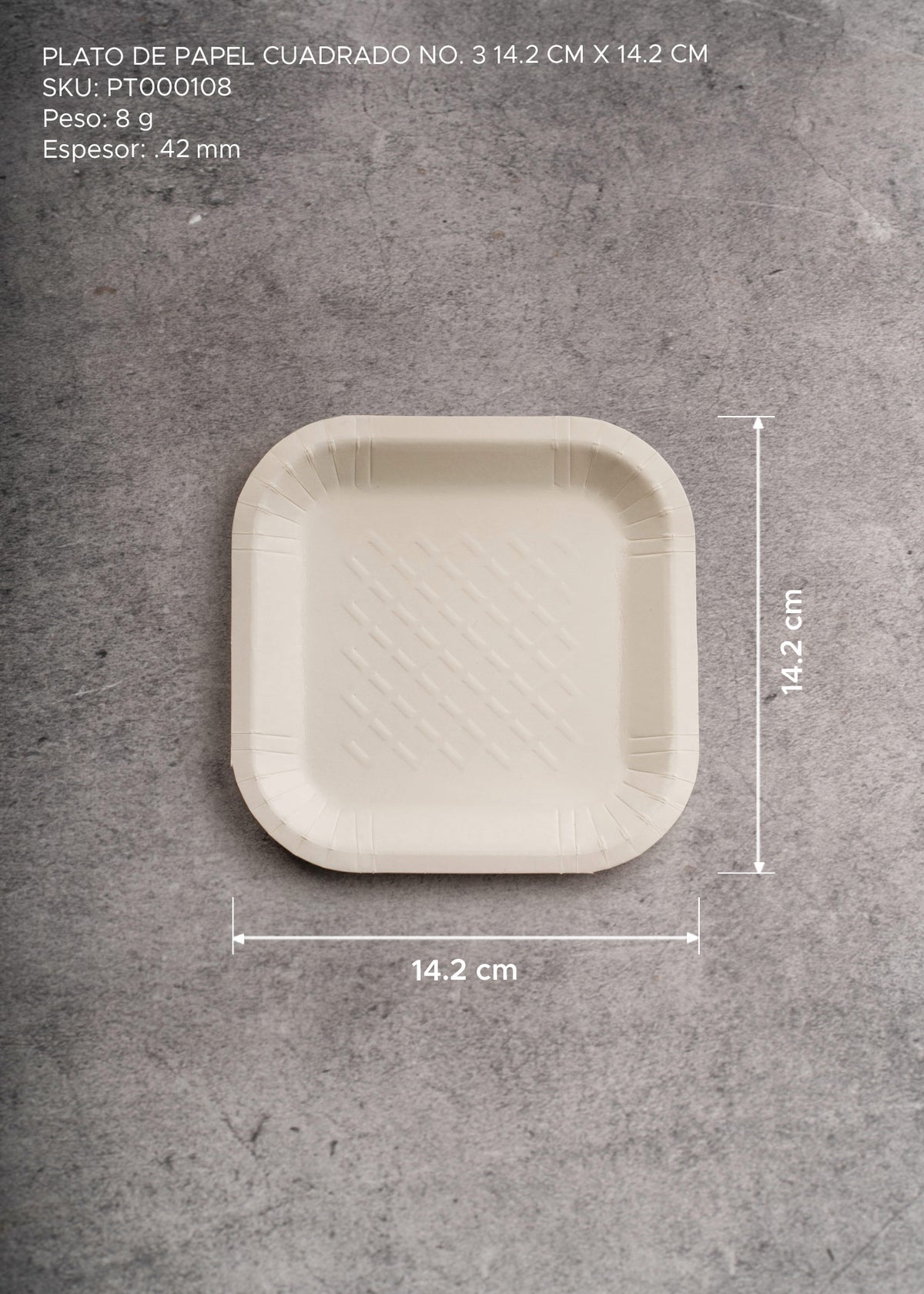 Plato desechable cuadrado de papel blanco (No. 3) ideal para postres, snacks y eventos. Alto 1 cm, largo 14.2 cm, ancho 14.2 cm — imagen de producto