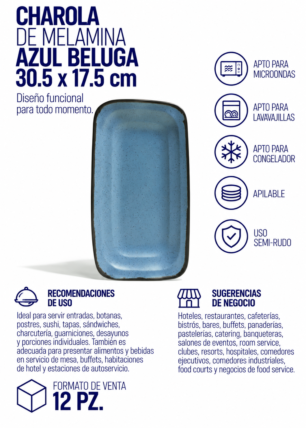 Charolas de melamina azul Beluga 30.5 x 17.5 cm — imagen de producto