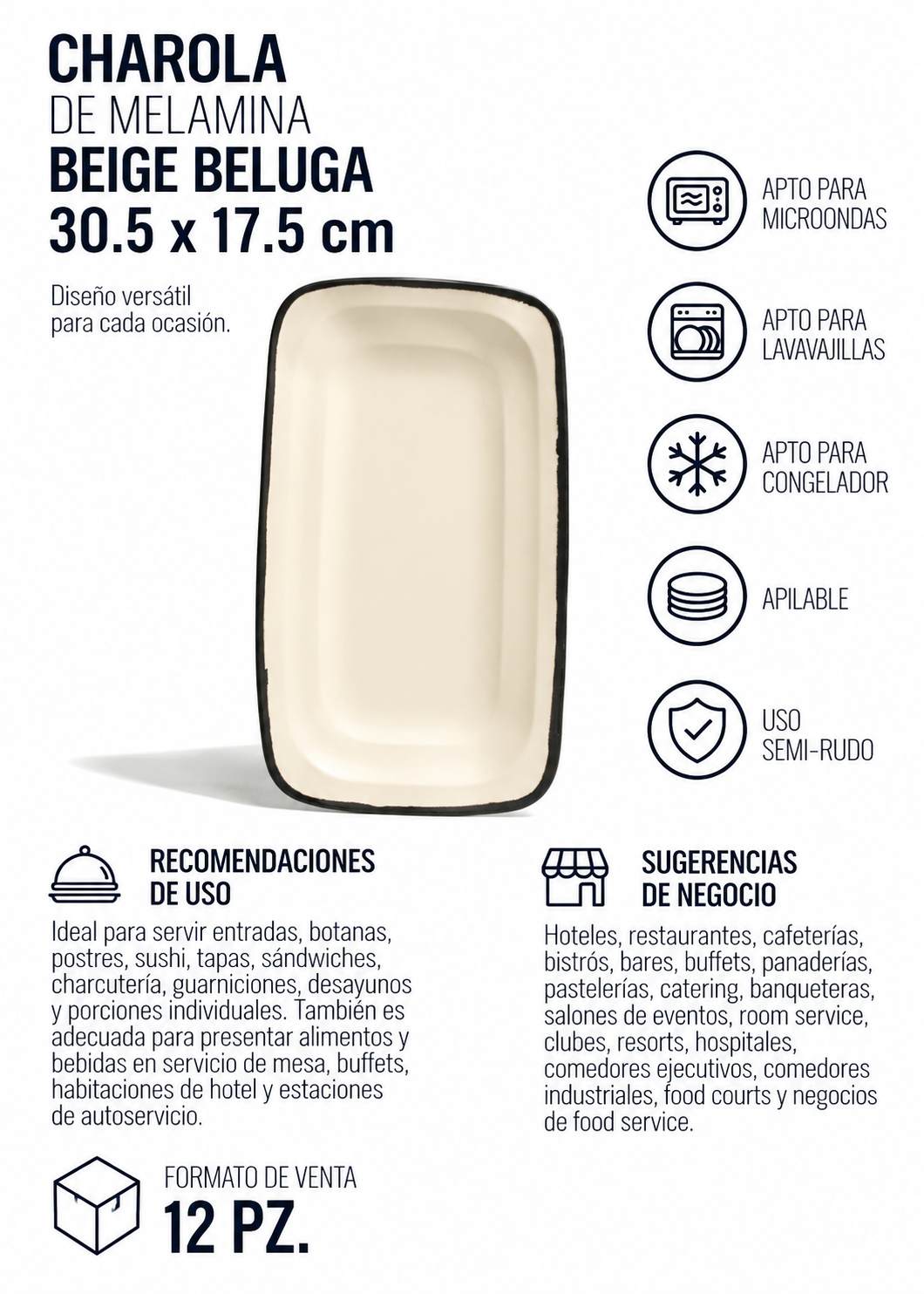 Charola de melamina beige Beluga 30.5 x 17.5 cm — imagen de producto