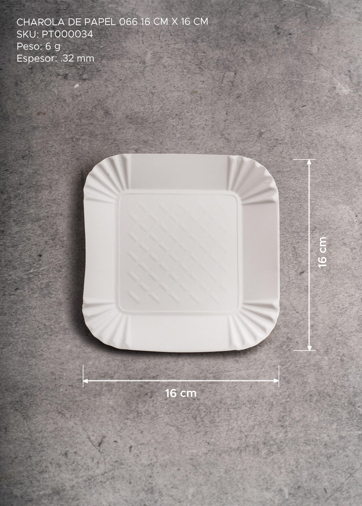 Charola desechable de papel blanco resistente para alimentos ideal para snacks y comida rápida. Alto 1.5 cm, largo 16 cm, ancho 16 cm — imagen de producto