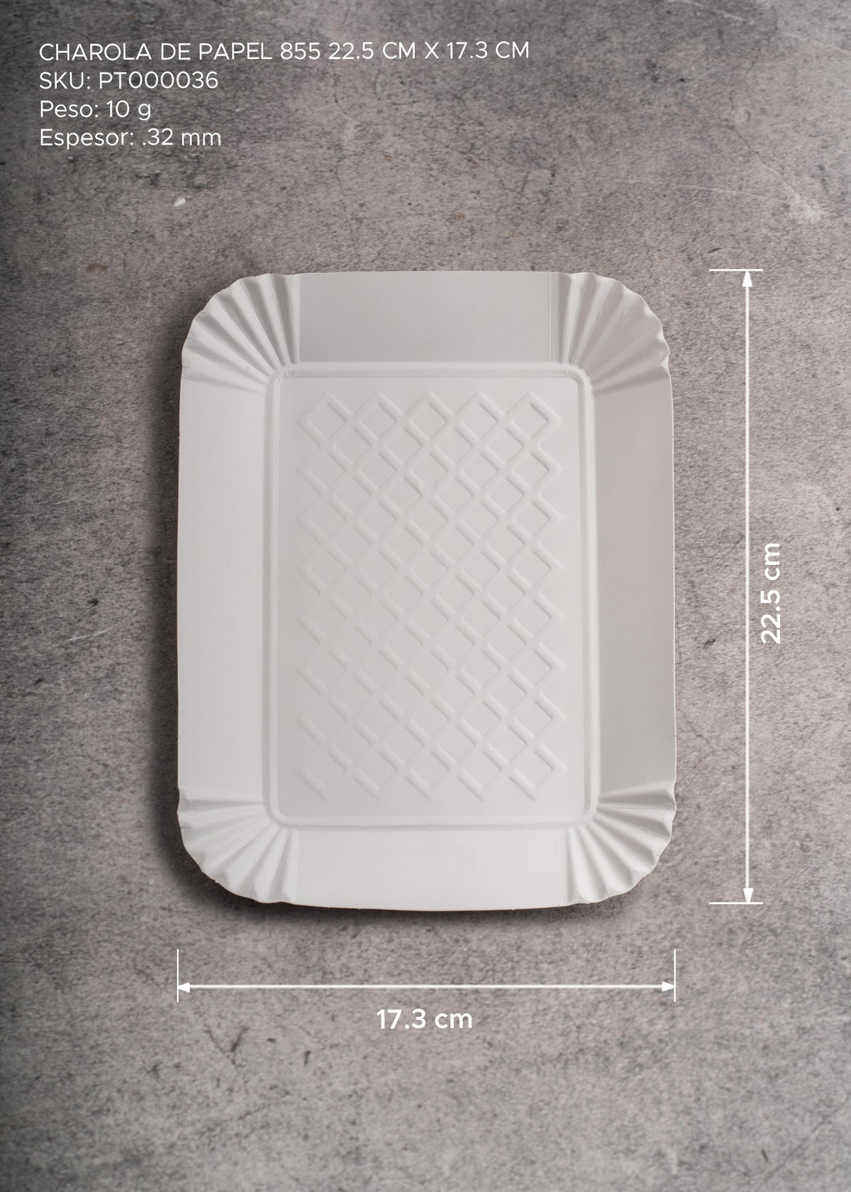 Charola desechable de papel blanco resistente para comida y eventos. Alto 2 cm, largo 22.5 cm, ancho 17.3 cm — imagen de producto