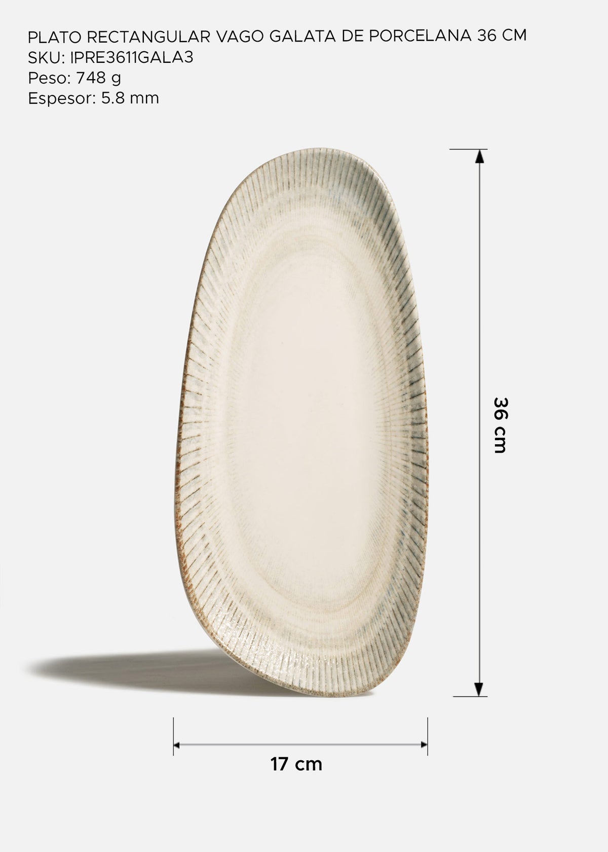 Charola rectangular vago de porcelana vitrificada blanco marfil para presentación y restaurantes Galata 36x17 cm — imagen de producto