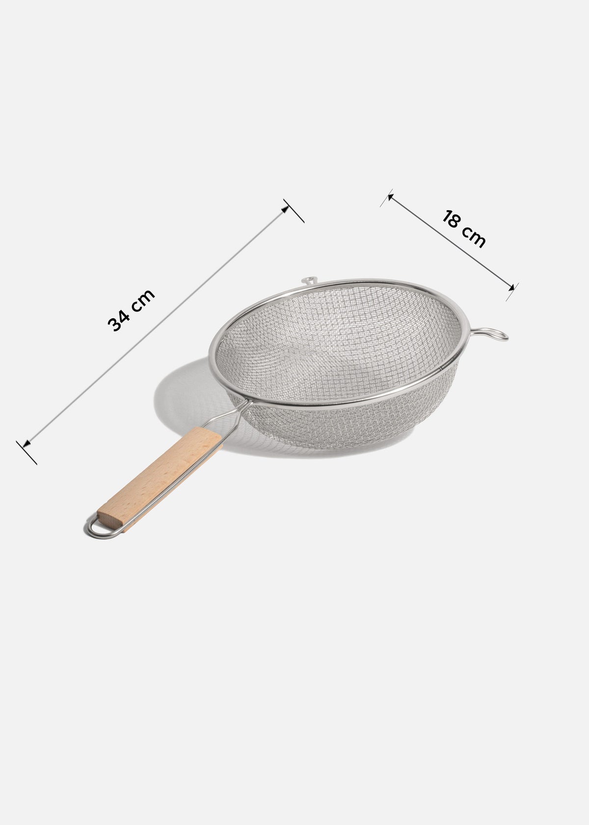 Coladores de acero inoxidable plata doble malla mango de madera 14, 18, 20 y 27 cm — imagen de producto, vista 6