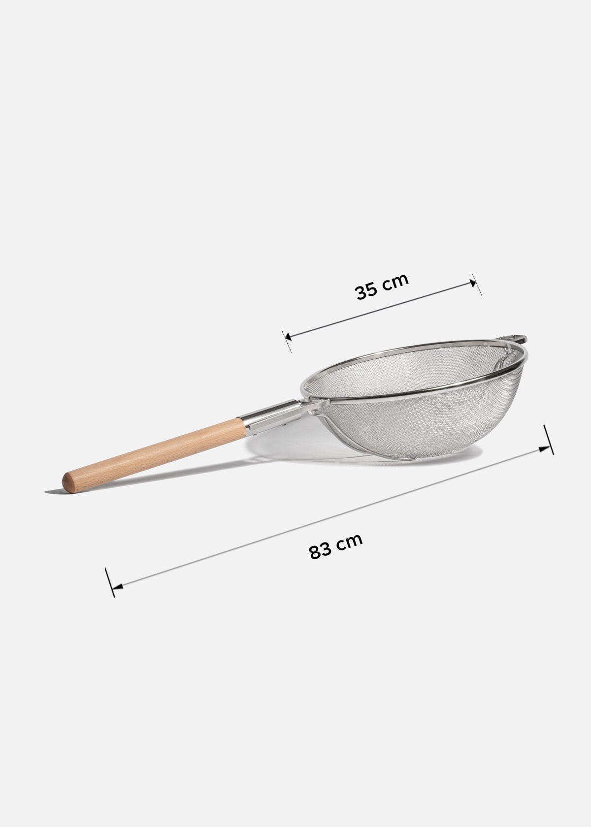 Colador de acero inoxidable plata doble malla mango de madera con refuerzo 35 cm — imagen de producto, vista 2