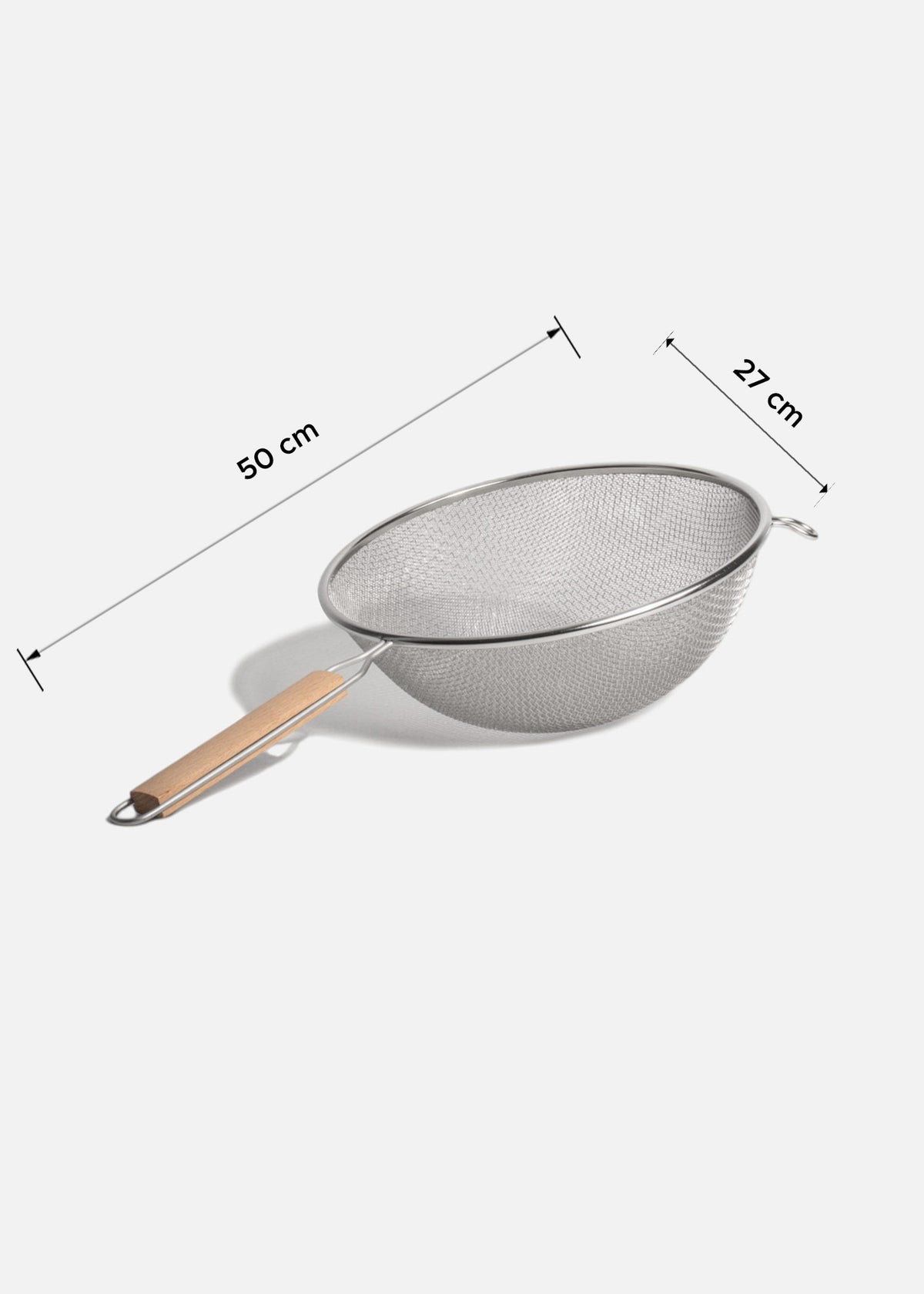 Coladores de acero inoxidable plata doble malla mango de madera 14, 18, 20 y 27 cm — imagen de producto, vista 2