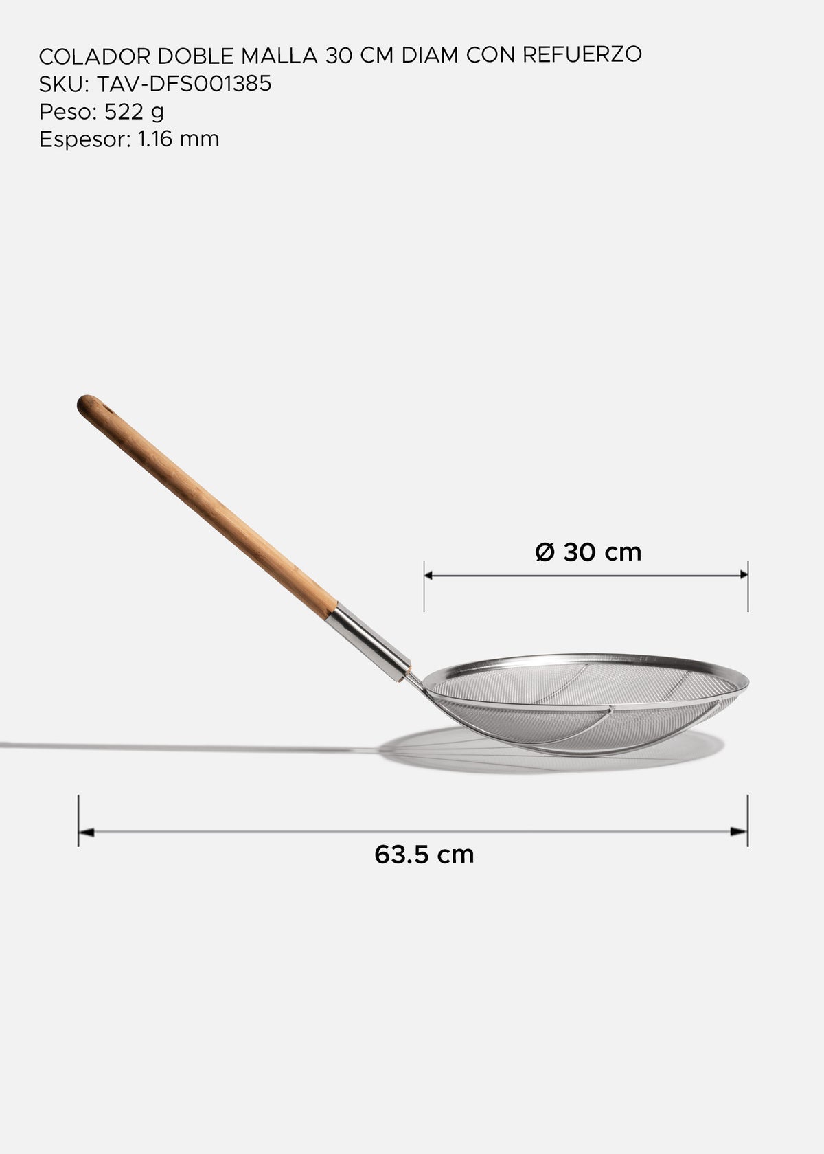Colador doble malla con refuerzo de acero niquelado plata y mango de madera Ø 30 cm — imagen de producto