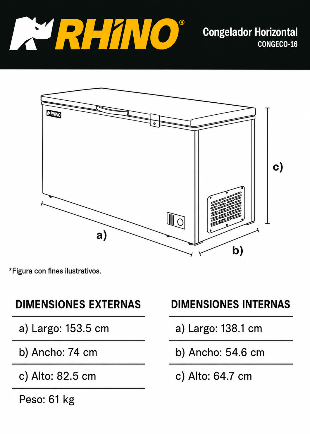 Congelador / refrigerador horizontal función dual 5° a -24° C 16 pies / 435 L. Largo 153.5 cm, ancho 74 cm, alto 82.5 cm. Rhino CONGECO-16 — imagen de producto