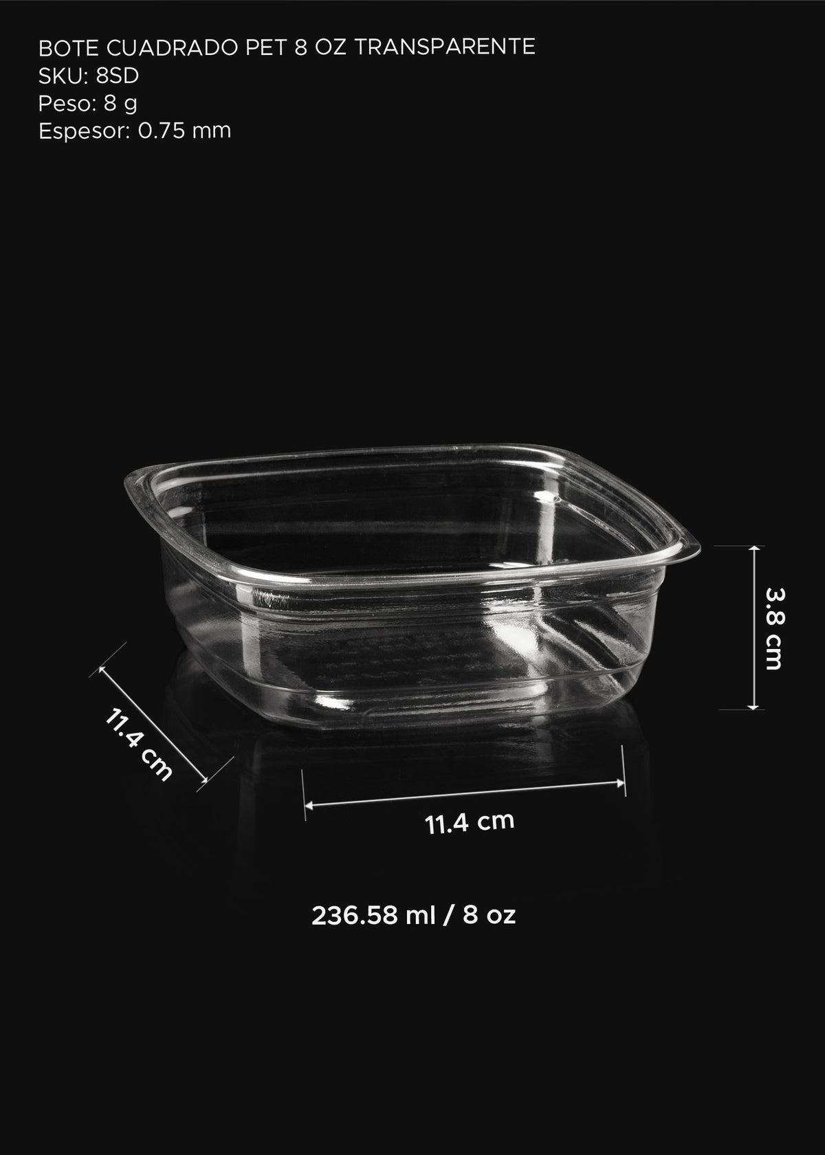 Detalle de Contenedor cuadrado de pet transparente 11.4x11.4 cm, 8 oz para restaurantes, cafeterias, panaderias, heladerias, dark kitchens y delivery