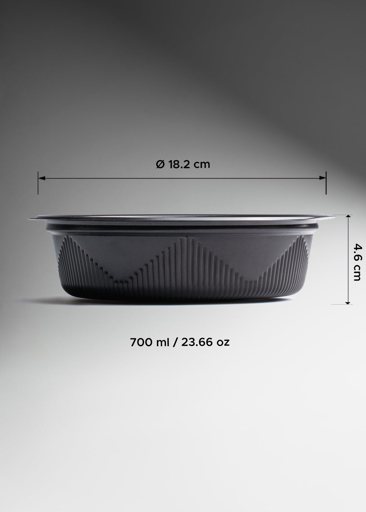 Contenedor hermético para alimentos desechable redondo de plástico diámetro 18.2 cm, alto 4.6 cm, 700 ml / 23 oz — imagen de producto