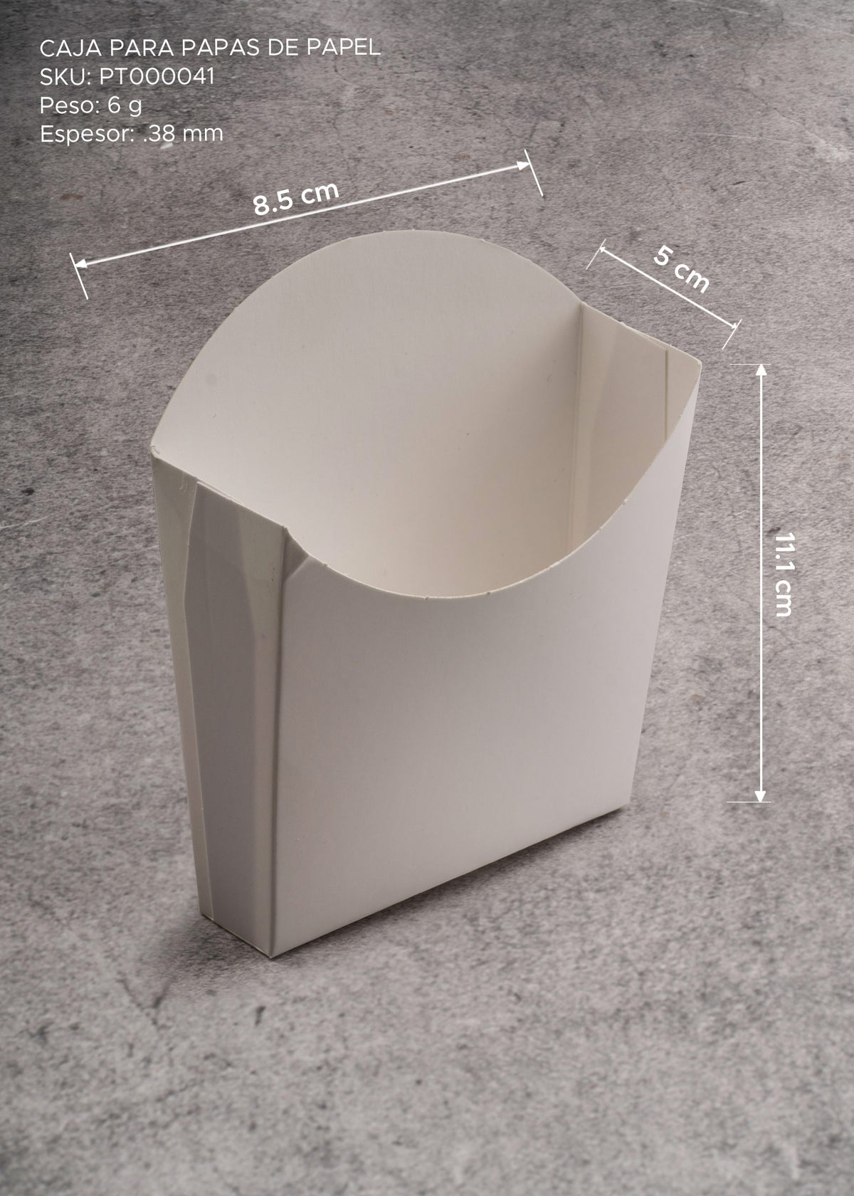 Contenedor desechable de papel kraft blanco para papas a la francesa, snacks y food service. Alto 11.1 cm, largo 8.5 cm, ancho 5 cm. Capacidad de 120 a 180 gr — imagen de producto