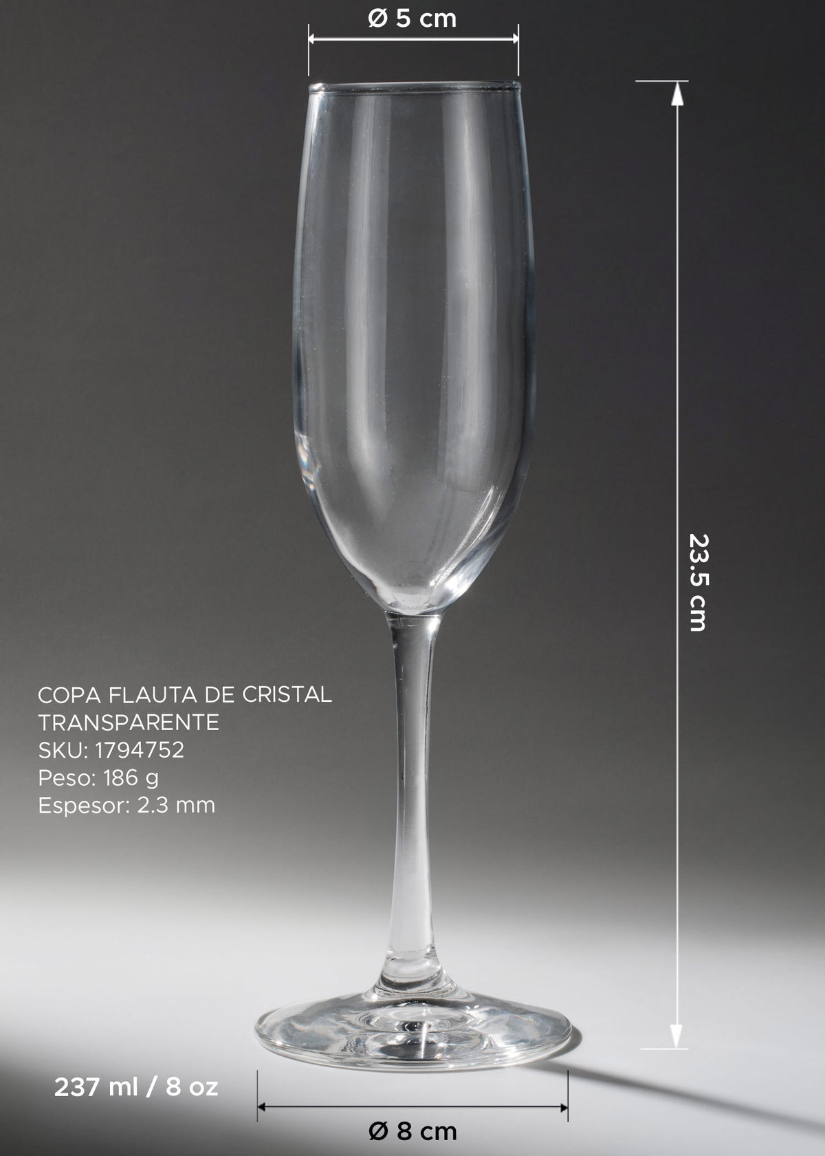 Copa flauta de cristal transparente de 237 ml