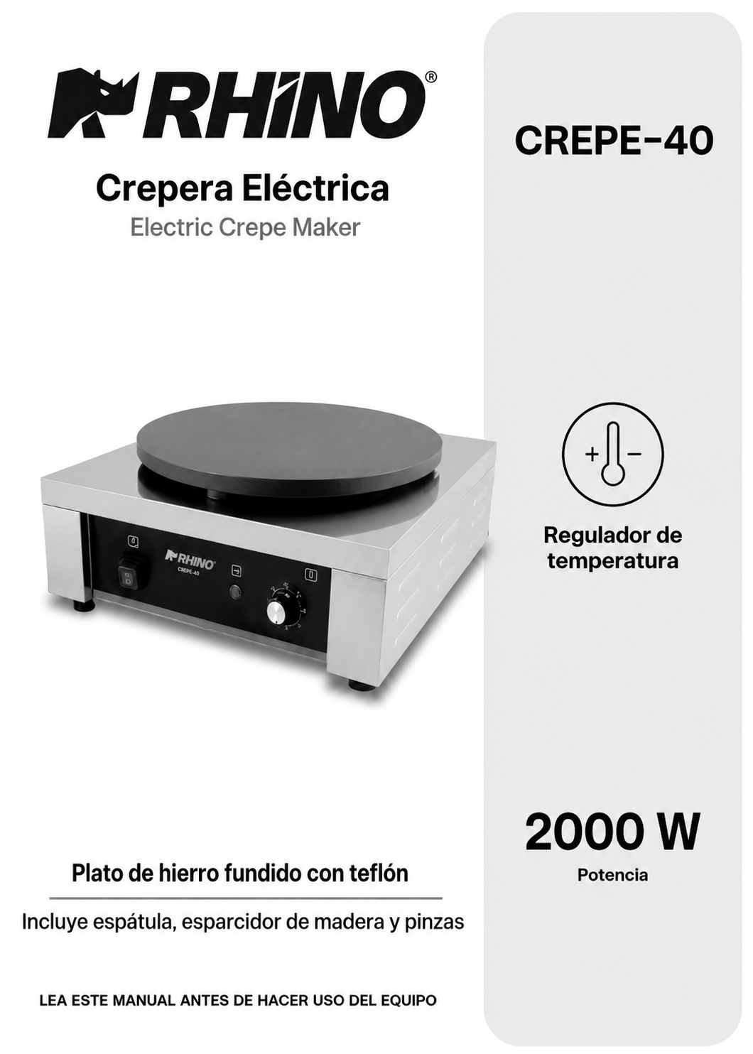 Crepera eléctrica profesional de acero inoxidable 2000 W Ø 40 cm. Temperatura máxima 290°. Rhino CREPE-40 — imagen de producto