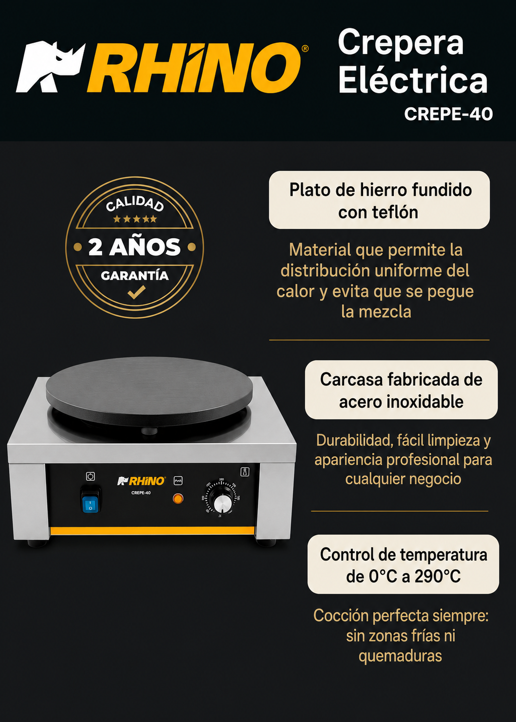 Crepera eléctrica profesional de acero inoxidable 2000 W Ø 40 cm. Temperatura máxima 290°. Rhino CREPE-40 — imagen de producto