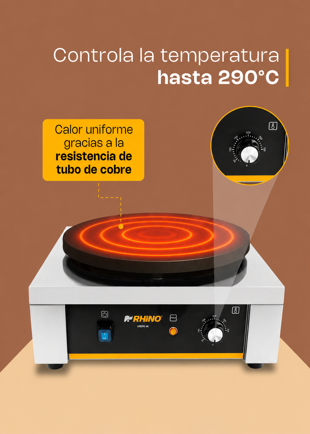 Crepera eléctrica profesional de acero inoxidable 2000 W Ø 40 cm. Temperatura máxima 290°. Rhino CREPE-40 — imagen de producto