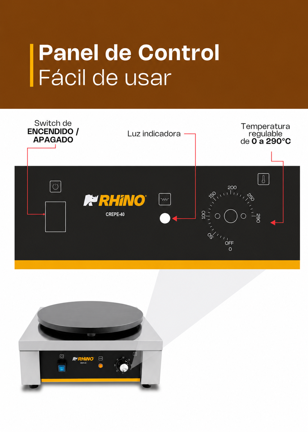 Crepera eléctrica profesional de acero inoxidable 2000 W Ø 40 cm. Temperatura máxima 290°. Rhino CREPE-40 — imagen de producto