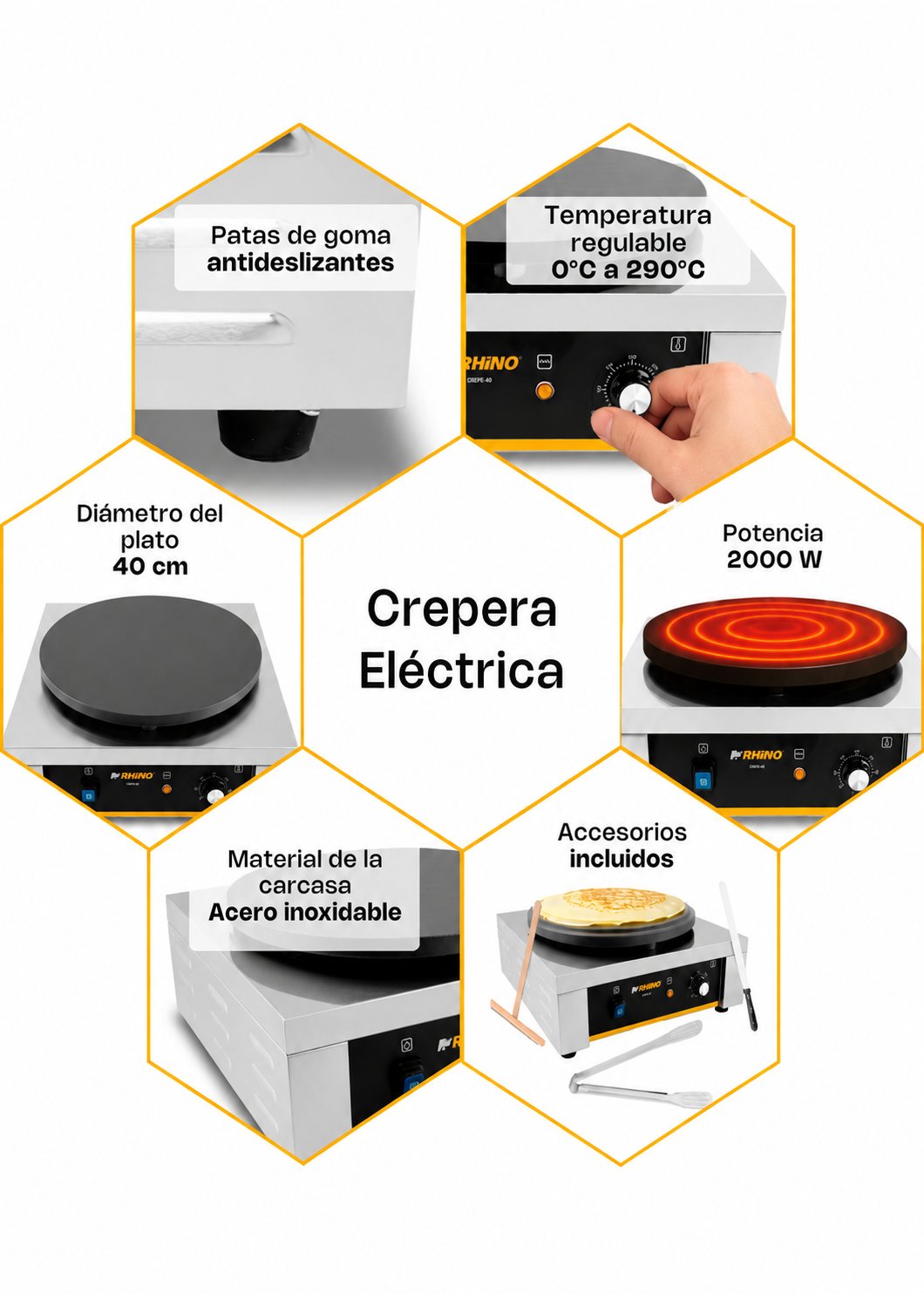 Crepera eléctrica profesional de acero inoxidable 2000 W Ø 40 cm. Temperatura máxima 290°. Rhino CREPE-40 — imagen de producto