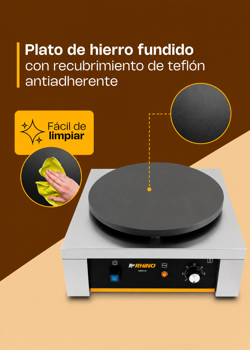 Crepera eléctrica profesional de acero inoxidable 2000 W Ø 40 cm. Temperatura máxima 290°. Rhino CREPE-40 — imagen de producto