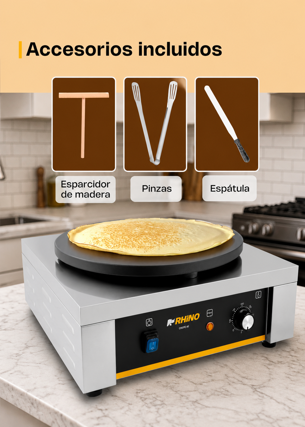 Crepera eléctrica profesional de acero inoxidable 2000 W Ø 40 cm. Temperatura máxima 290°. Rhino CREPE-40 — imagen de producto