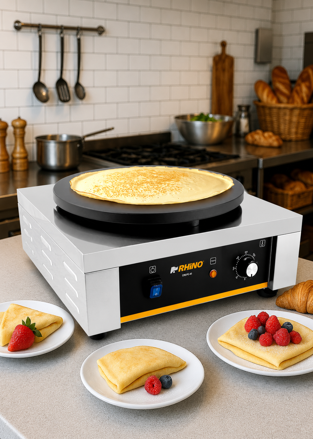 Crepera eléctrica profesional de acero inoxidable 2000 W Ø 40 cm. Temperatura máxima 290°. Rhino CREPE-40 — imagen de producto