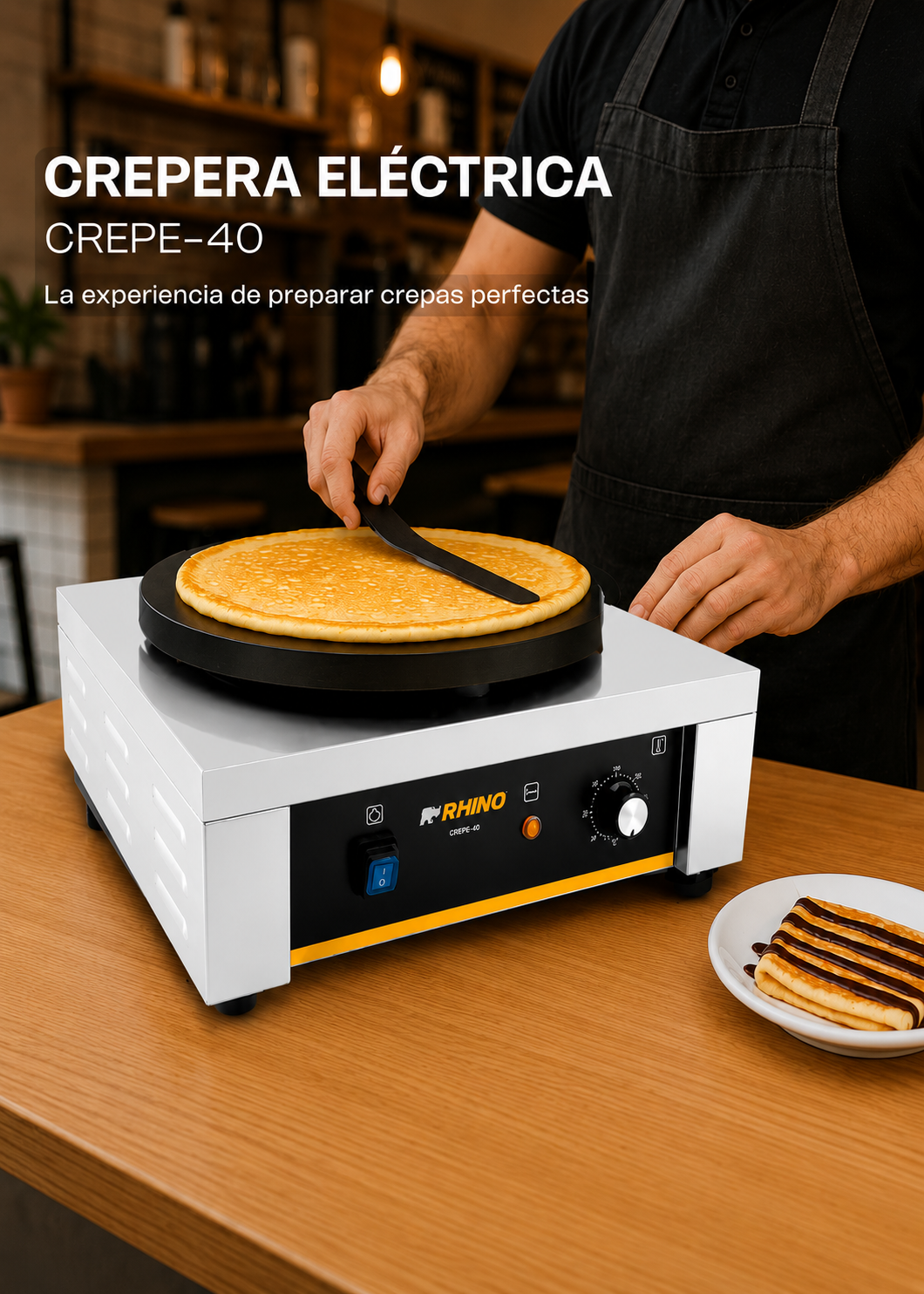 Crepera eléctrica profesional de acero inoxidable 2000 W Ø 40 cm. Temperatura máxima 290°. Rhino CREPE-40 — imagen de producto