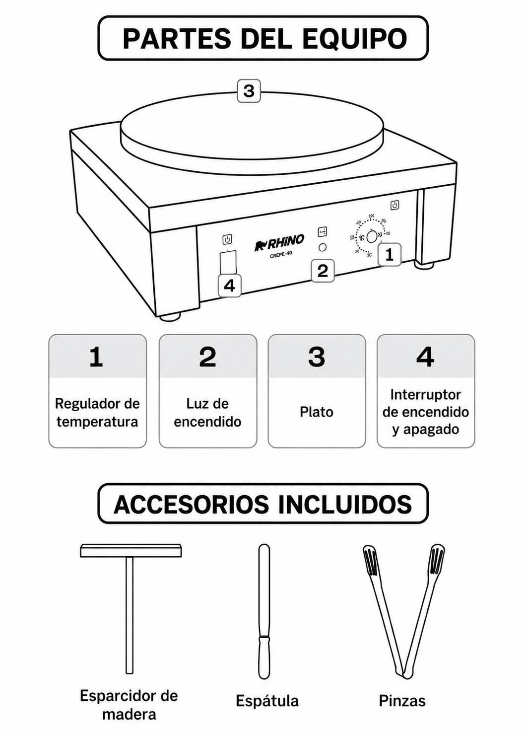 Crepera eléctrica profesional de acero inoxidable 2000 W Ø 40 cm. Temperatura máxima 290°. Rhino CREPE-40 — imagen de producto