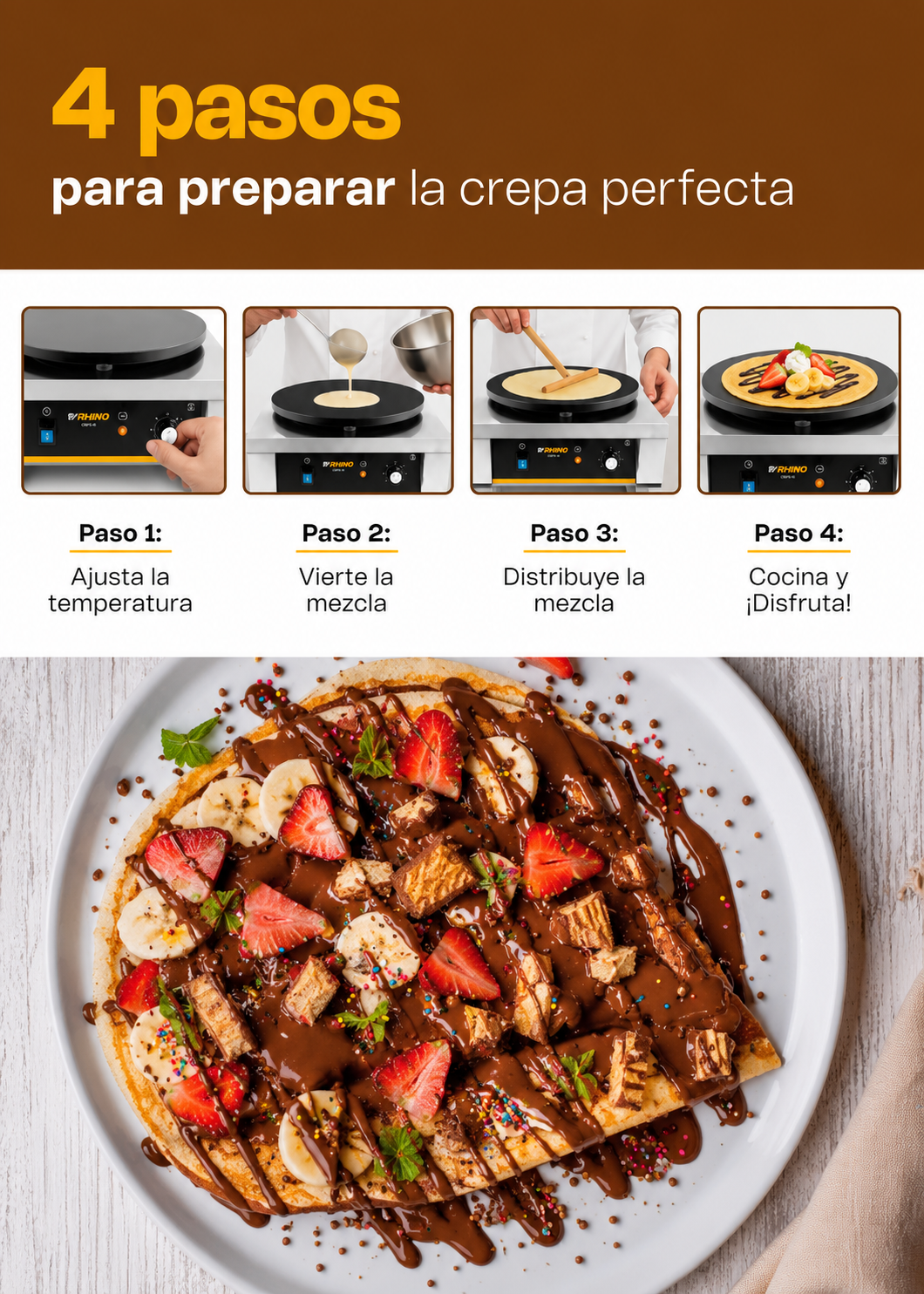 Crepera eléctrica profesional de acero inoxidable 2000 W Ø 40 cm. Temperatura máxima 290°. Rhino CREPE-40 — imagen de producto