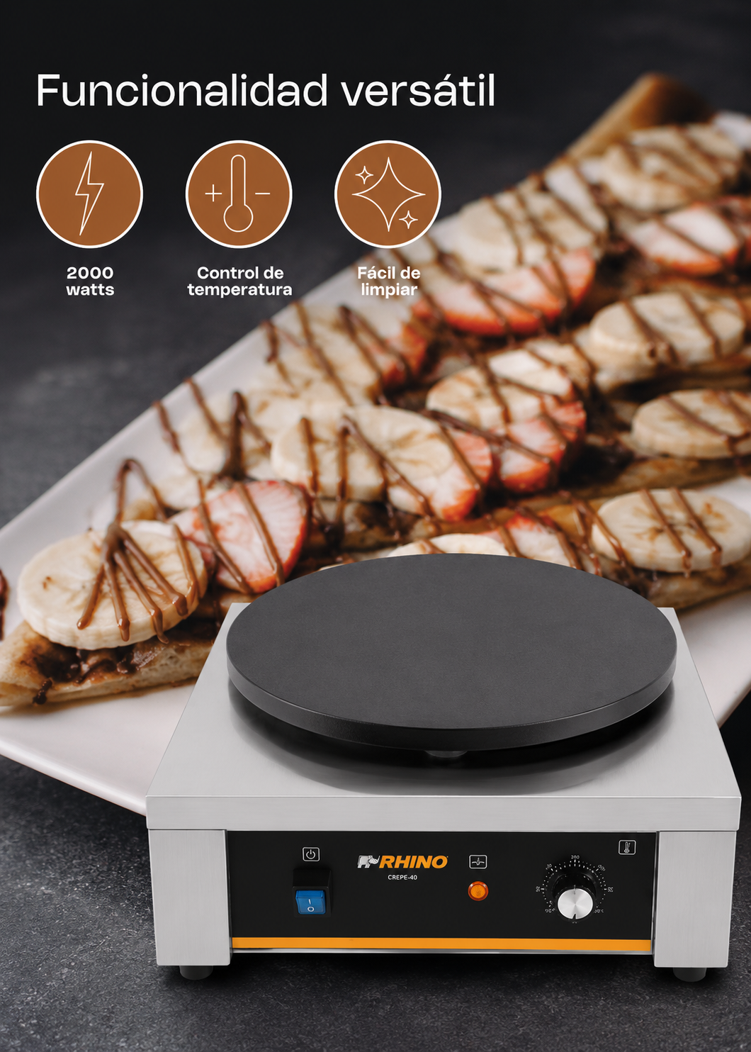 Crepera eléctrica profesional de acero inoxidable 2000 W Ø 40 cm. Temperatura máxima 290°. Rhino CREPE-40 — imagen de producto