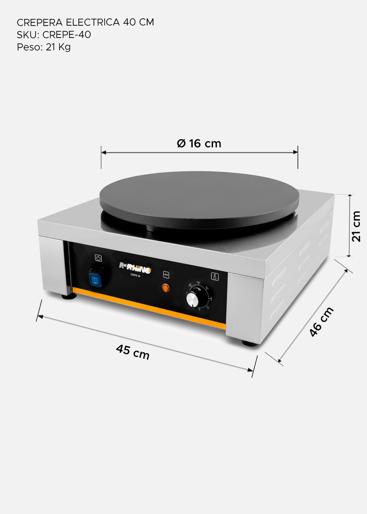 Crepera eléctrica profesional de acero inoxidable 2000 W Ø 40 cm. Temperatura máxima 290°. Rhino CREPE-40 — imagen de producto