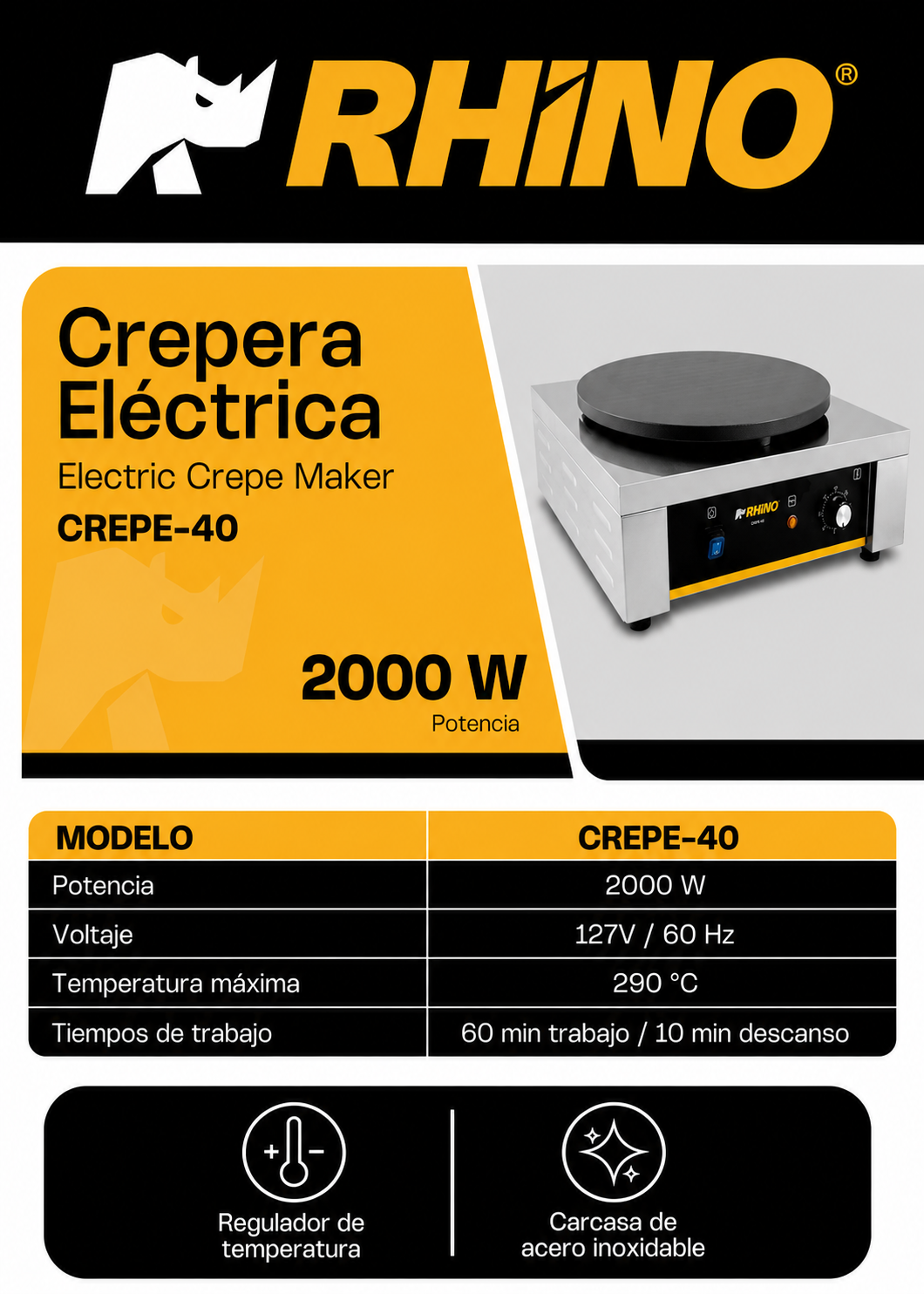 Crepera eléctrica profesional de acero inoxidable 2000 W Ø 40 cm. Temperatura máxima 290°. Rhino CREPE-40 — imagen de producto