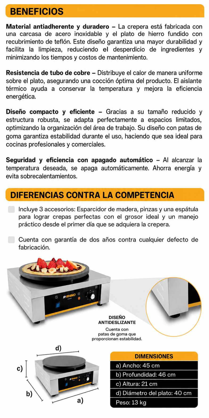 Crepera eléctrica profesional de acero inoxidable 2000 W Ø 40 cm. Temperatura máxima 290°. Rhino CREPE-40 — imagen de producto