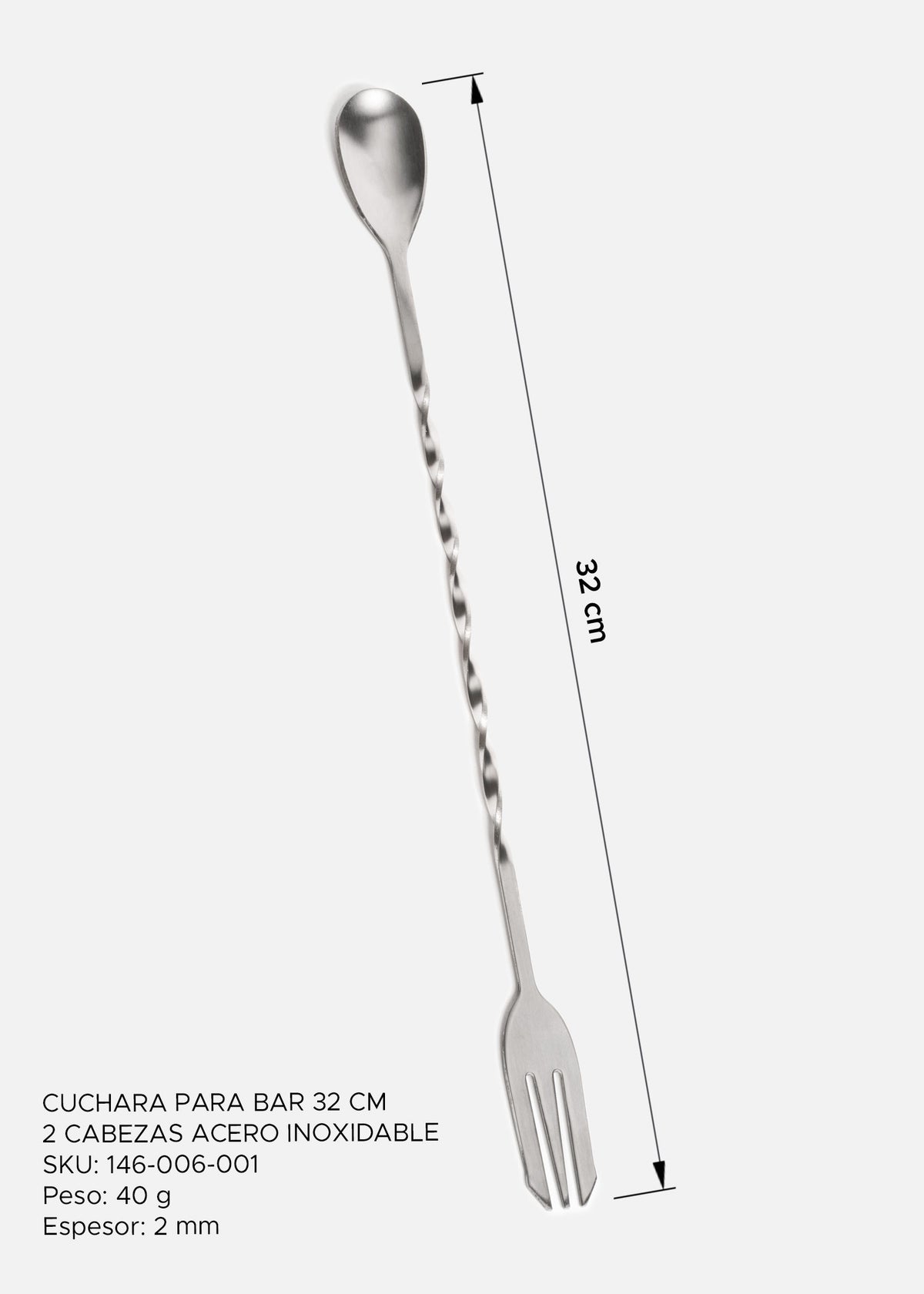 Cuchara mezcladora para bar de acero inoxidable plata doble cabeza para coctelería y mixología 32 cm — imagen de producto