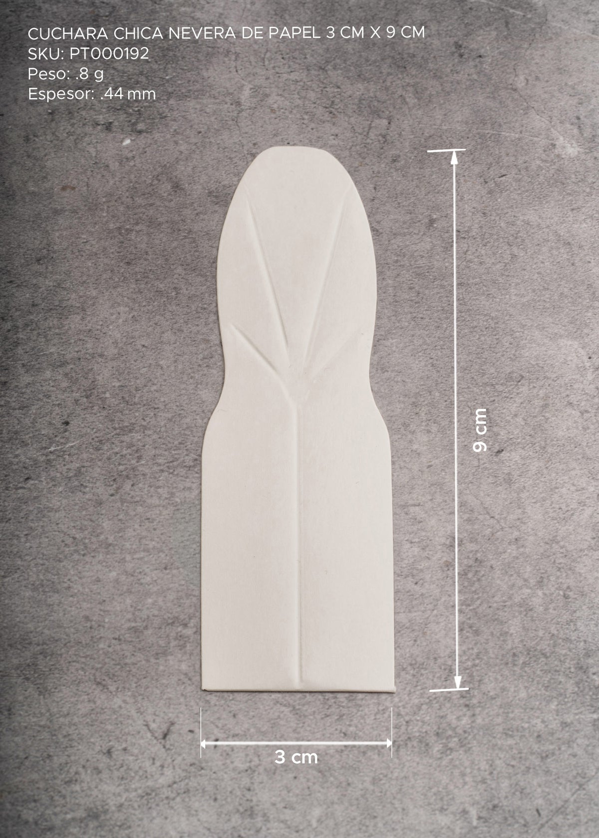 Cuchara nevera chica desechable de papel blanco para helado, postres y degustaciones. Alto .44 mm, largo 9 cm, ancho 3 cm — imagen de producto