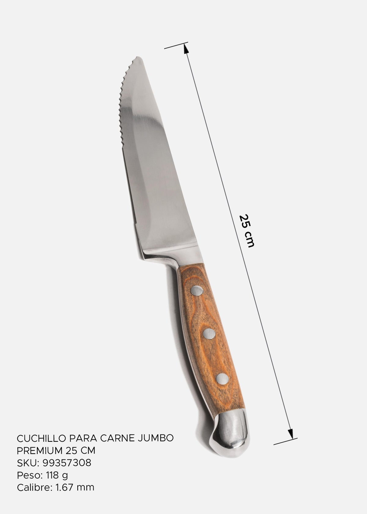 Cuchillo profesional para carne de acero inoxidable con sierra y mango de madera premium Jumbo 25 cm — imagen de producto