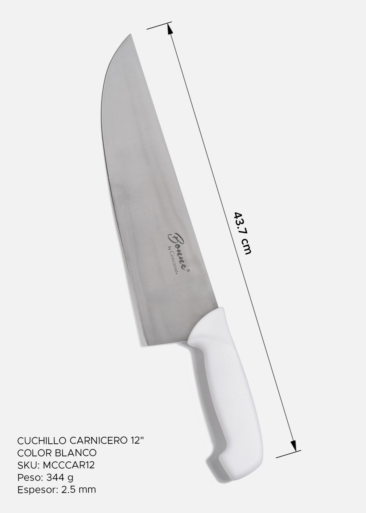 Cuchillo carnicero de acero inoxidable profesional con mango de plástico (polímero) grado alimentico blanco antideslizante 12" — imagen de producto