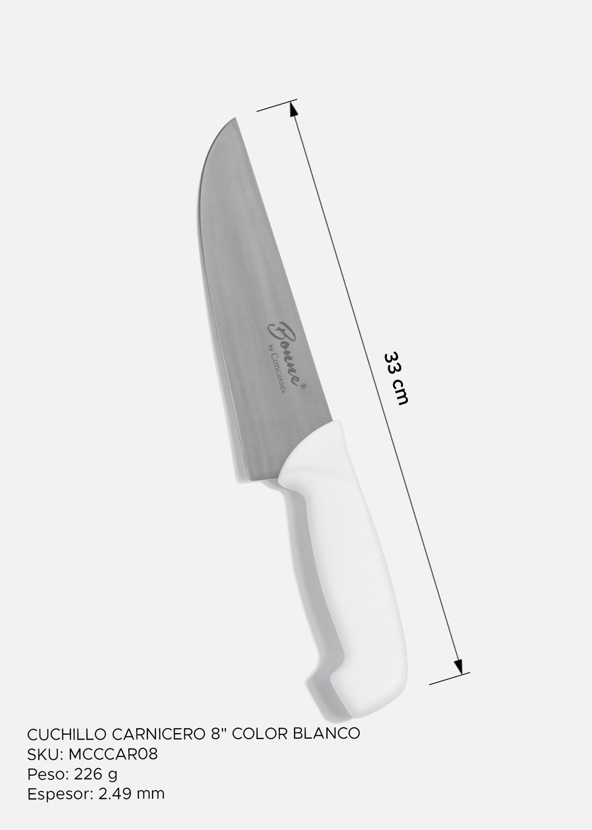 Cuchillo carnicero de acero inoxidable profesional con mango de plástico (polímero) grado alimentico blanco antideslizante 8" — imagen de producto