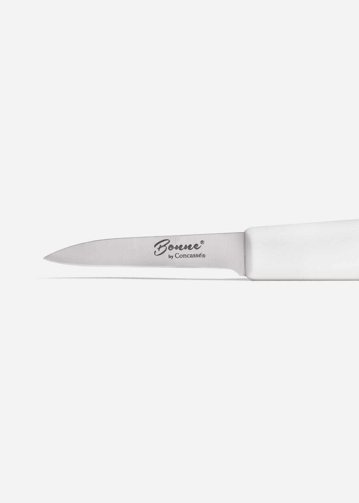 Cuchillo mondador profesional de acero inoxidable plata con mango blanco para cocina 3" — imagen de producto