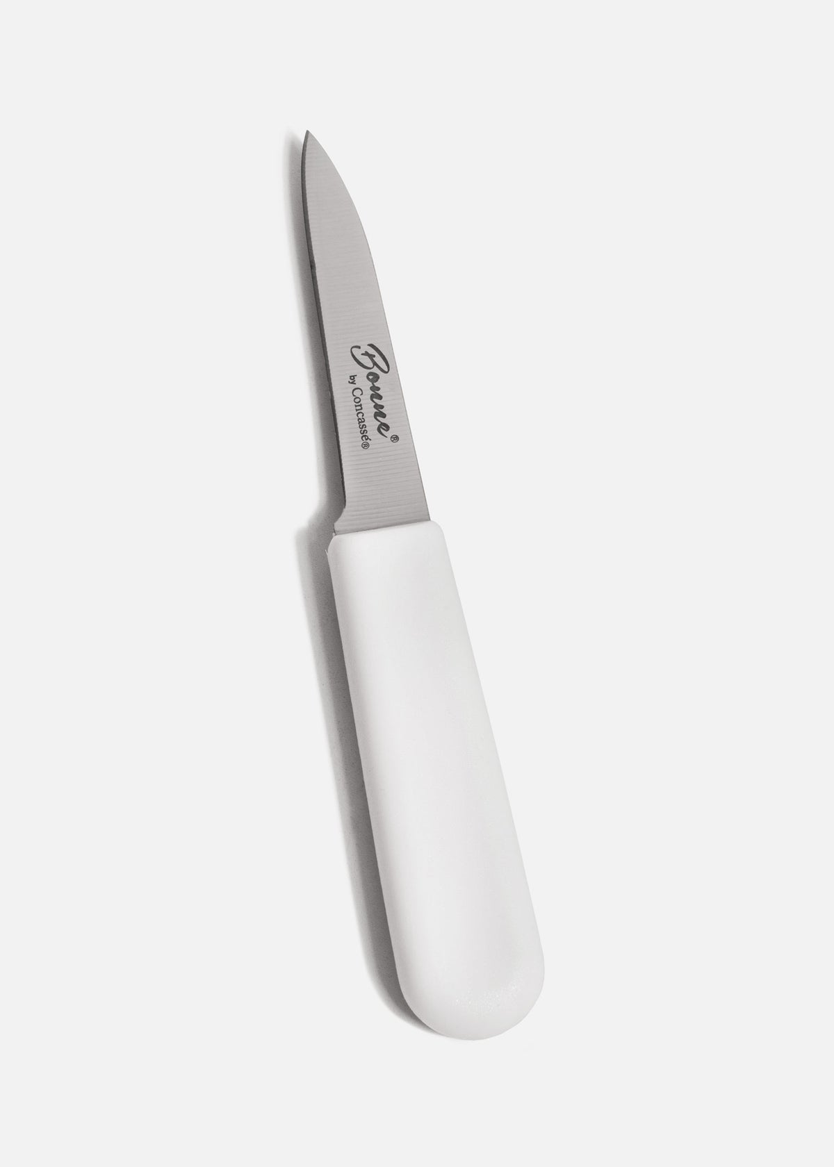 Cuchillo mondador profesional de acero inoxidable plata con mango blanco para cocina 3" — imagen de producto
