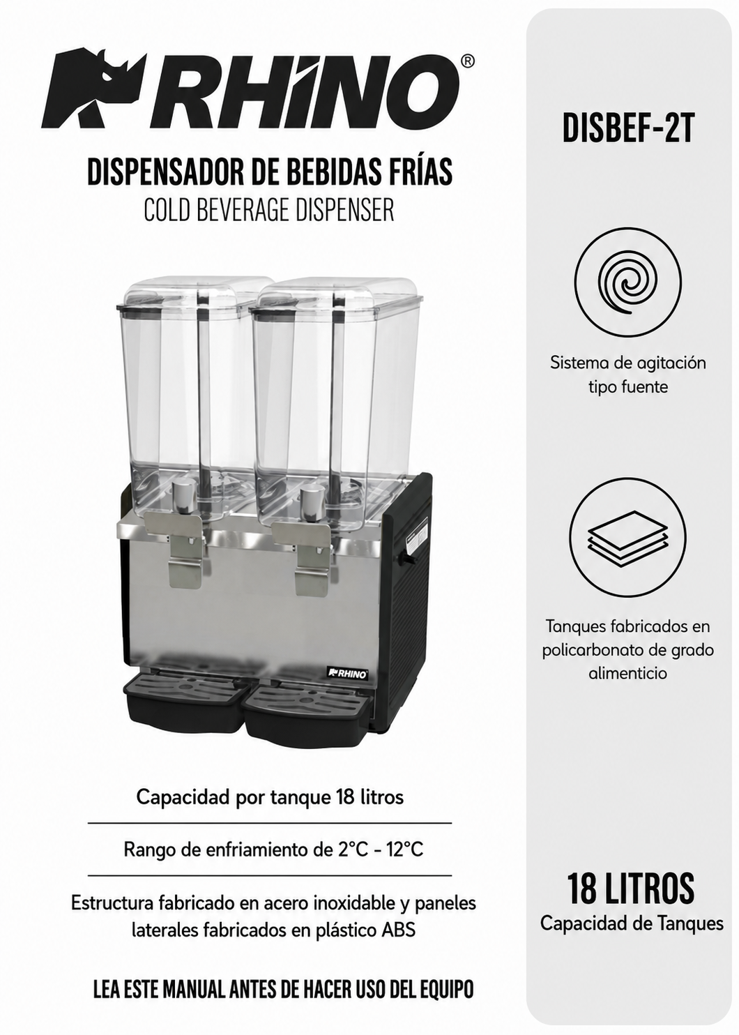 Dispensador de bebidas frías (enfriamiento de 2 °C a 12 °C) de dos tanques de policarbonato grado alimenticio con agitación tipo fuente 18 L por tanque. Rhino DISBEF-2T — imagen de producto