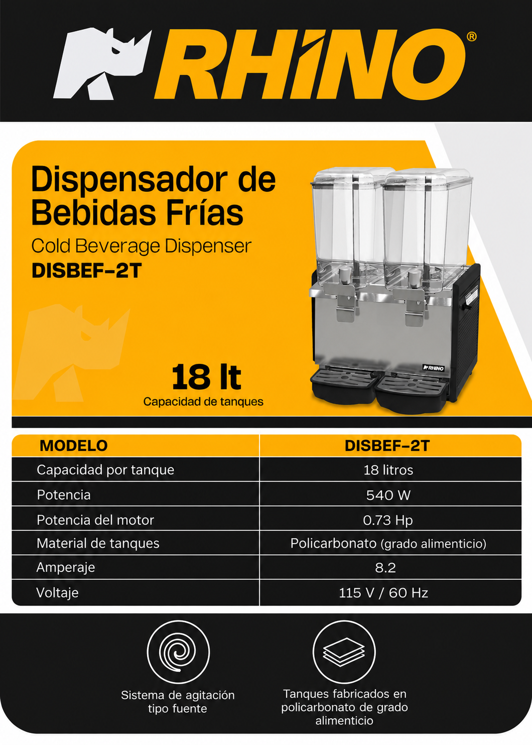 Dispensador de bebidas frías (enfriamiento de 2 °C a 12 °C) de dos tanques de policarbonato grado alimenticio con agitación tipo fuente 18 L por tanque. Rhino DISBEF-2T — imagen de producto
