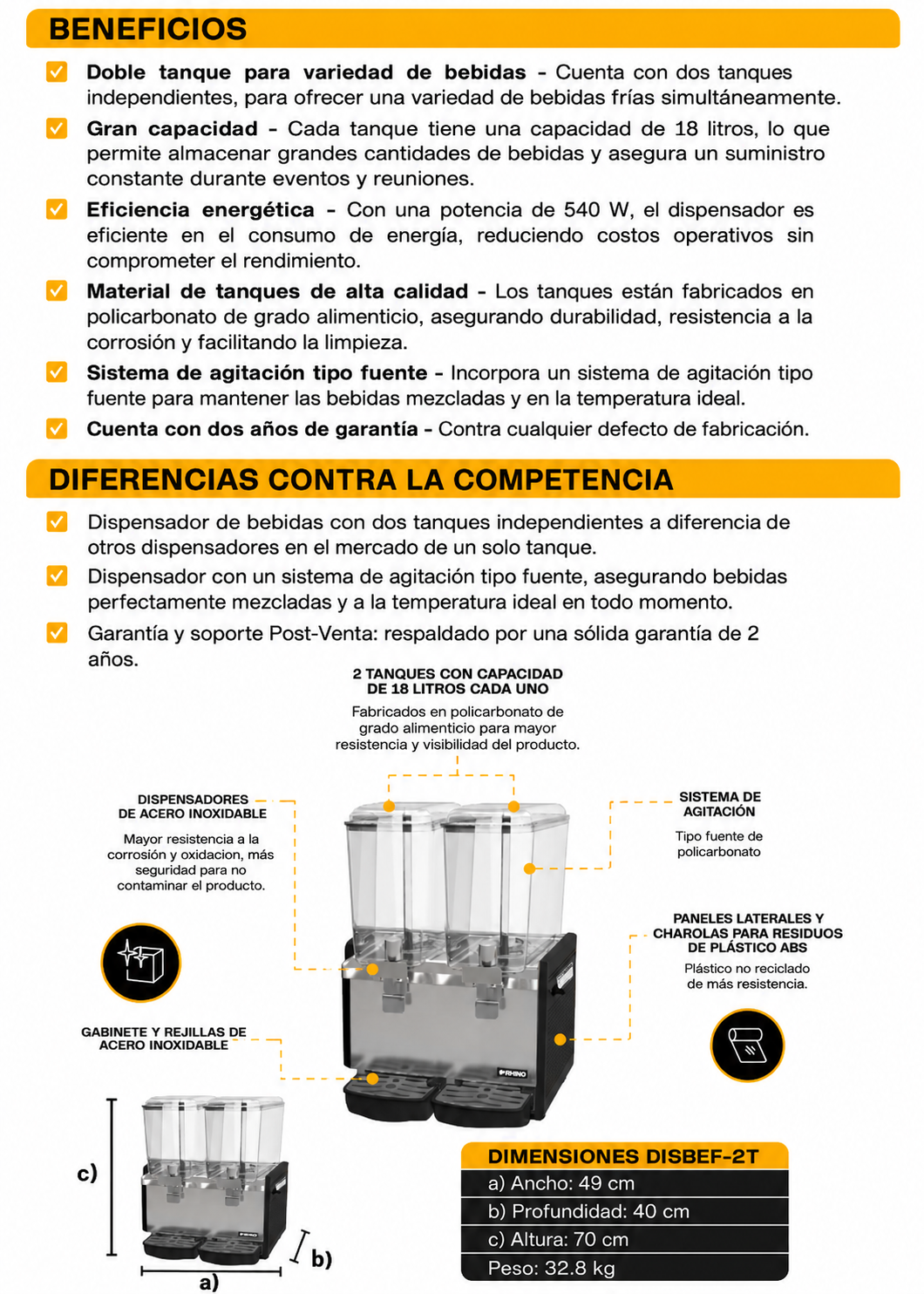 Dispensador de bebidas frías (enfriamiento de 2 °C a 12 °C) de dos tanques de policarbonato grado alimenticio con agitación tipo fuente 18 L por tanque. Rhino DISBEF-2T — imagen de producto