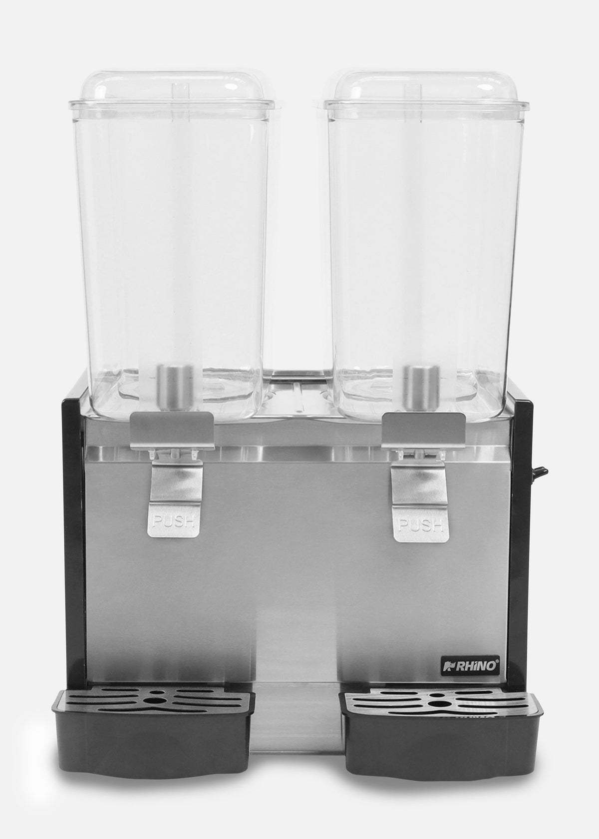 Dispensador de bebidas frías (enfriamiento de 2 °C a 12 °C) de dos tanques de policarbonato grado alimenticio con agitación tipo fuente 18 L por tanque. Rhino DISBEF-2T — imagen de producto