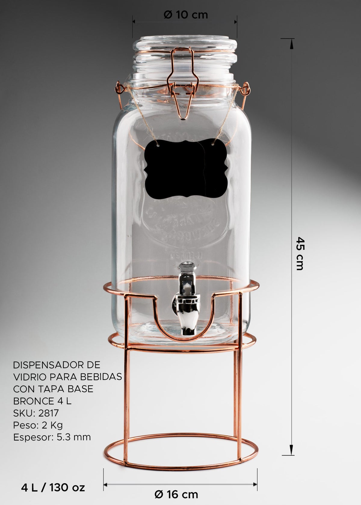Dispensador para bebidas de vidrio transparente con tapa y base color bronce 4 L — imagen de producto