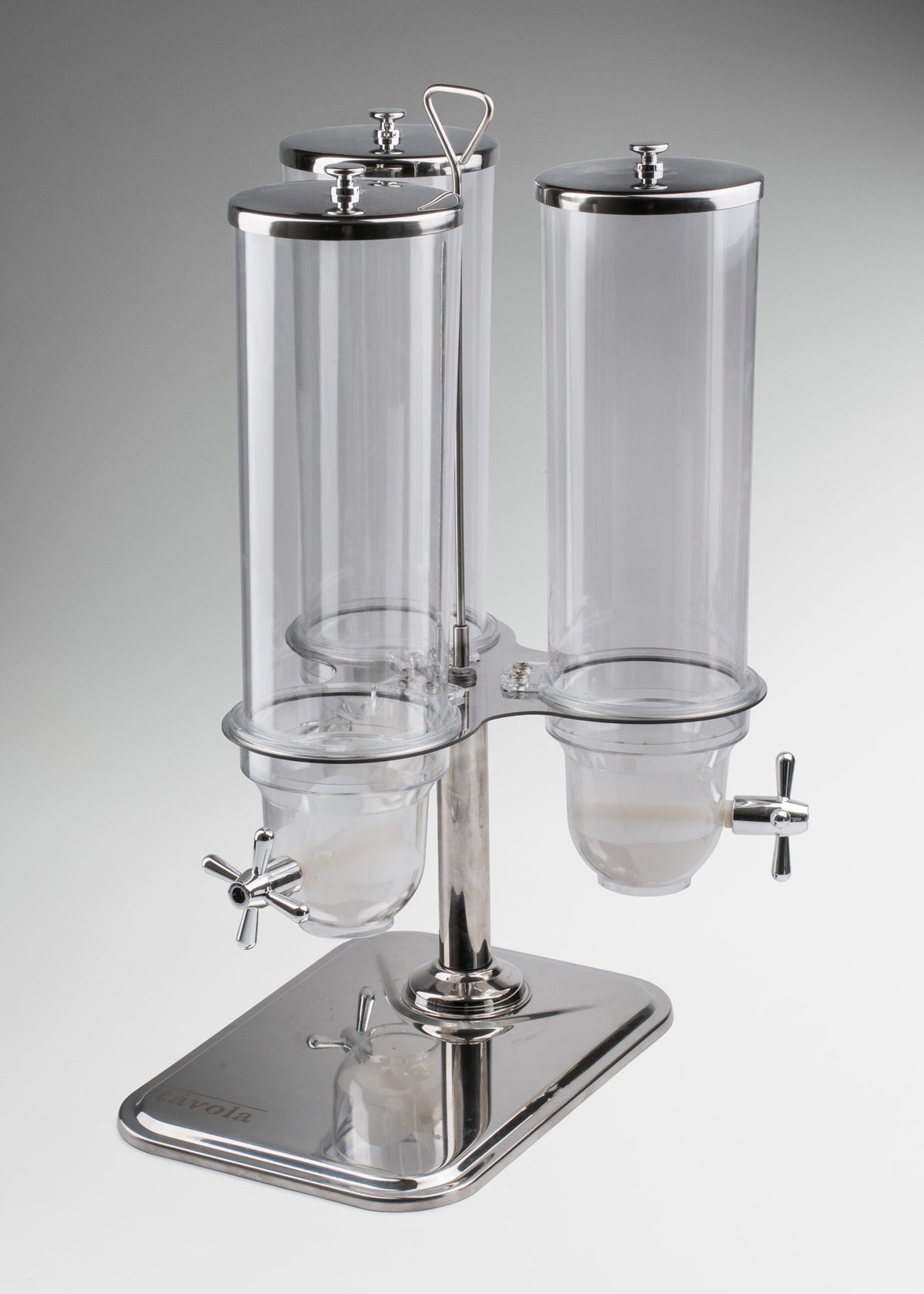 Dispensador de cereal triple de acrilico con base de acero inoxidable plata de uso profesional en buffet y hoteleria — imagen de producto