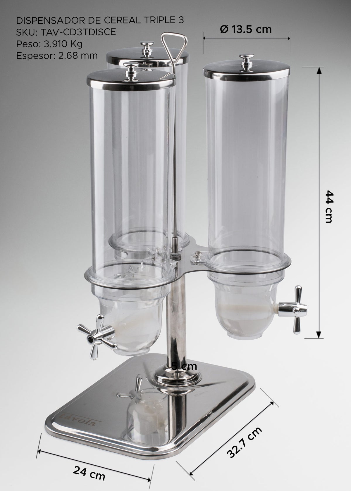 Dispensador de cereal triple de acrilico con base de acero inoxidable plata de uso profesional en buffet y hoteleria — imagen de producto